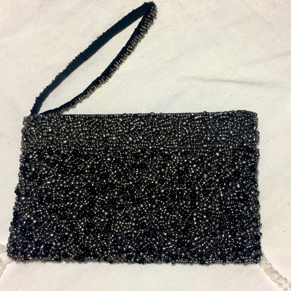 Vintage Beaded Clutch Black and Silver Metallic - Picture 2 of 8